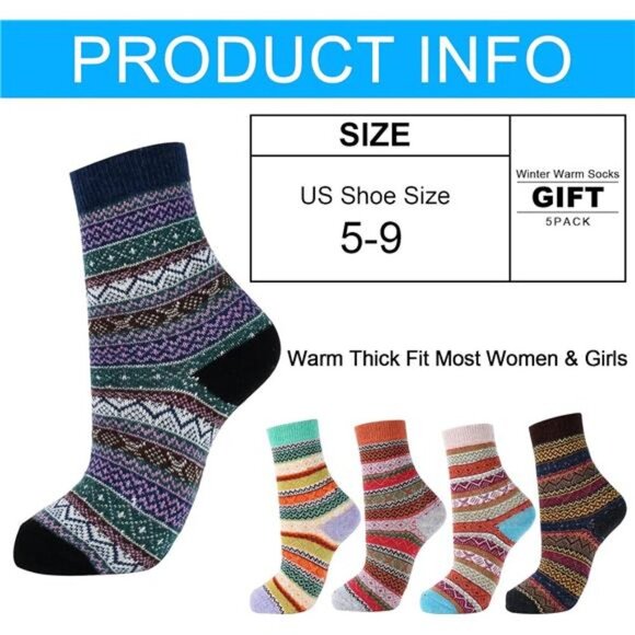 Wool Socks for Women, 5 Pairs Winter Warm Thick Crew Knit Socks Vintage Cozy - Picture 5 of 7